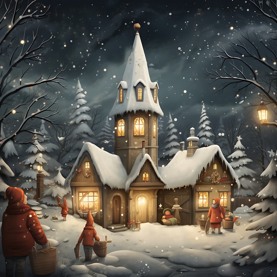 Photoshop images village, winter, illustration